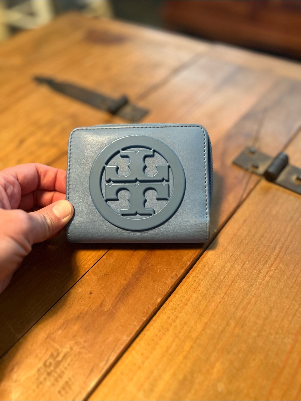 Tory Burch Dusty Blue Leather Zip Card Wallet